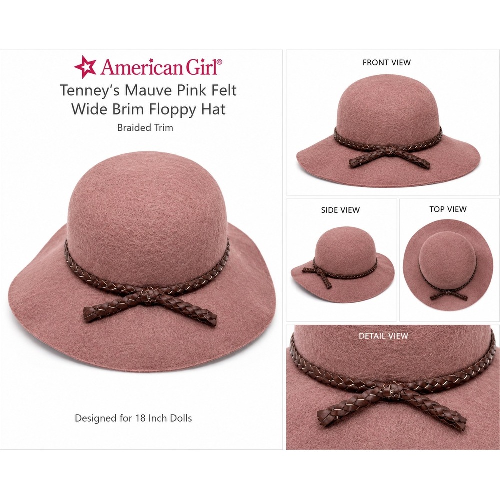 American Girl Tenney Mauve Pink Felt Wide Brim Floppy Hat Braided Trim 18" Doll